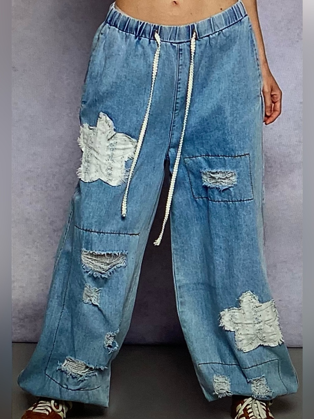 POL Distressed Light Blue Denim Joggers with Flower Patches